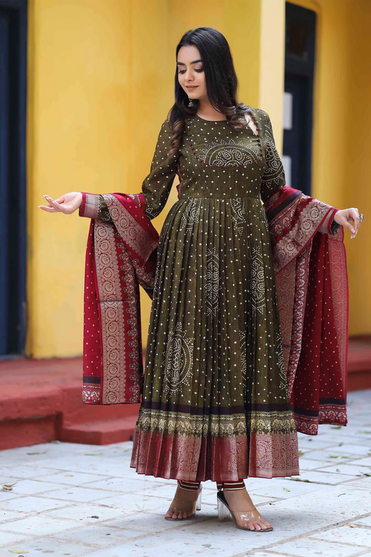 Bandhani Anarkali Suit Set In Dark Olive