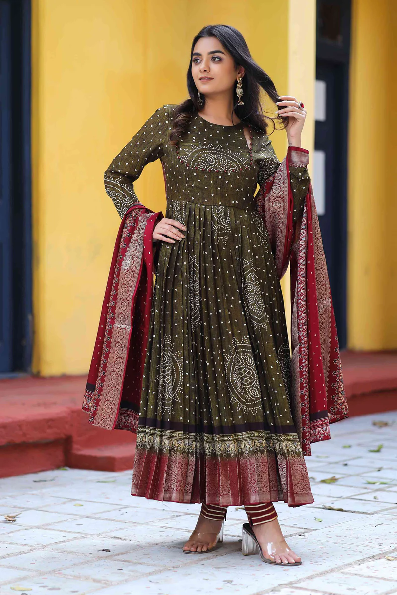 Bandhani Anarkali Suit Set In Dark Olive