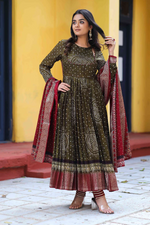 Bandhani Anarkali Suit Set In Dark Olive