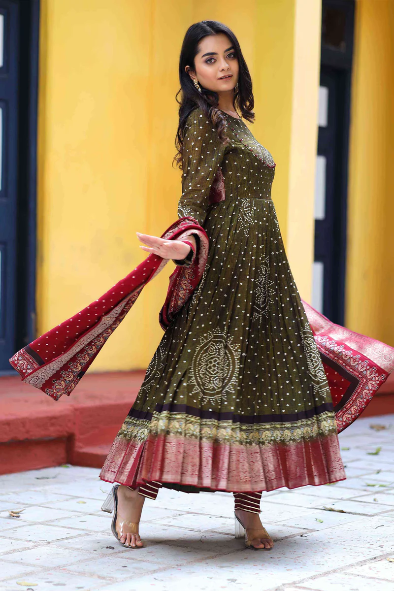 Bandhani Anarkali Suit Set In Dark Olive