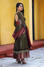Bandhani Anarkali Suit Set In Dark Olive