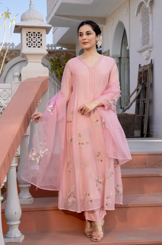 Rose Multi-Thread Embroidered Mul Chanderi Kurta Suit