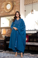 Blue Crushed Cotton Flared Kurta Suit With 3D Embroidery