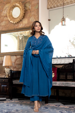Blue Crushed Cotton Flared Kurta Suit With 3D Embroidery