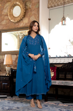 Blue Crushed Cotton Flared Kurta Suit With 3D Embroidery