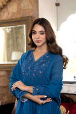Blue Crushed Cotton Flared Kurta Suit With 3D Embroidery