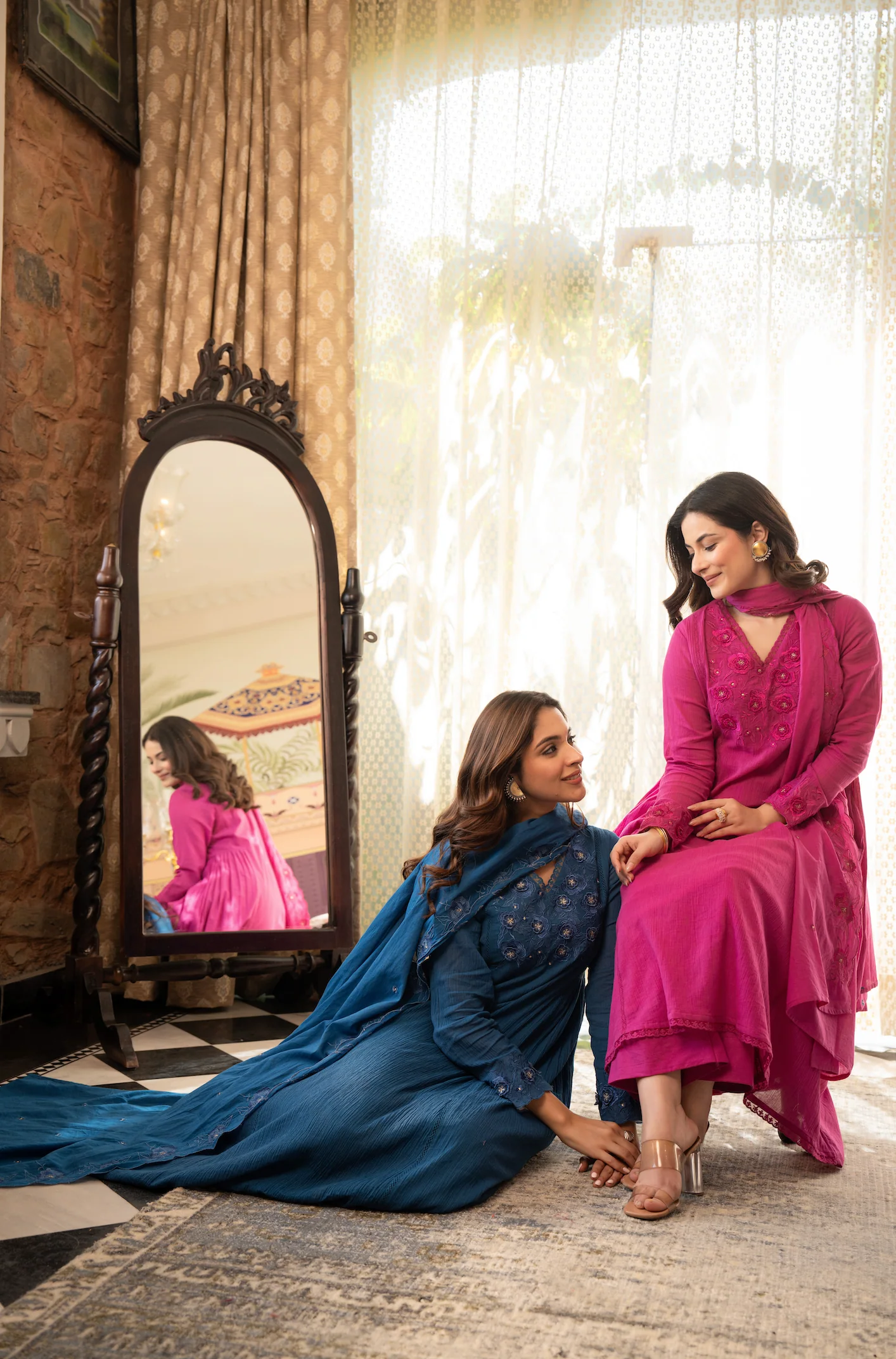 Pink Crushed Cotton Flared Kurta Suit With 3D Embroidery