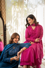 Blue Crushed Cotton Flared Kurta Suit With 3D Embroidery