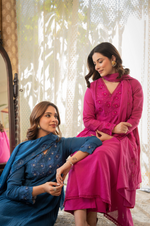 Pink Crushed Cotton Flared Kurta Suit With 3D Embroidery