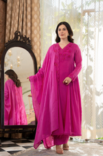 Pink Crushed Cotton Flared Kurta Suit With 3D Embroidery