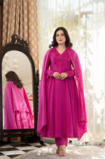 Pink Crushed Cotton Flared Kurta Suit With 3D Embroidery
