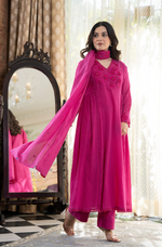 Pink Crushed Cotton Flared Kurta Suit With 3D Embroidery