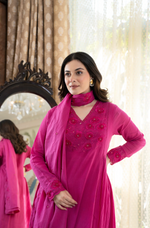Pink Crushed Cotton Flared Kurta Suit With 3D Embroidery