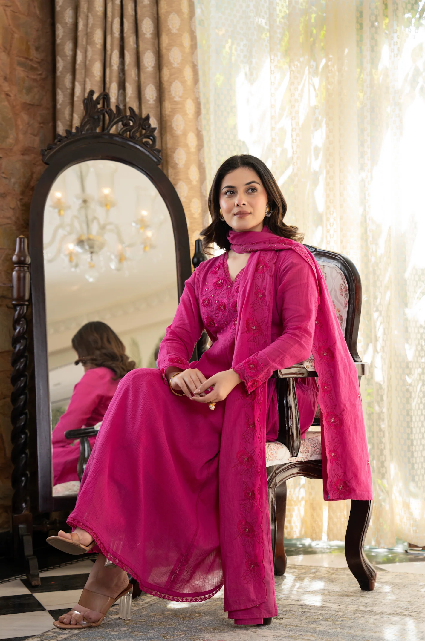 Pink Crushed Cotton Flared Kurta Suit With 3D Embroidery