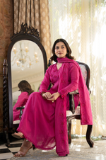 Pink Crushed Cotton Flared Kurta Suit With 3D Embroidery