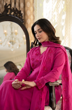 Pink Crushed Cotton Flared Kurta Suit With 3D Embroidery