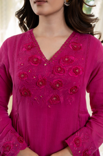 Pink Crushed Cotton Flared Kurta Suit With 3D Embroidery