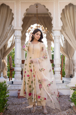 Beige Blossom Mul Chanderi Hand Burst Printed  Suit