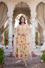 Beige Blossom Mul Chanderi Hand Burst Printed  Suit