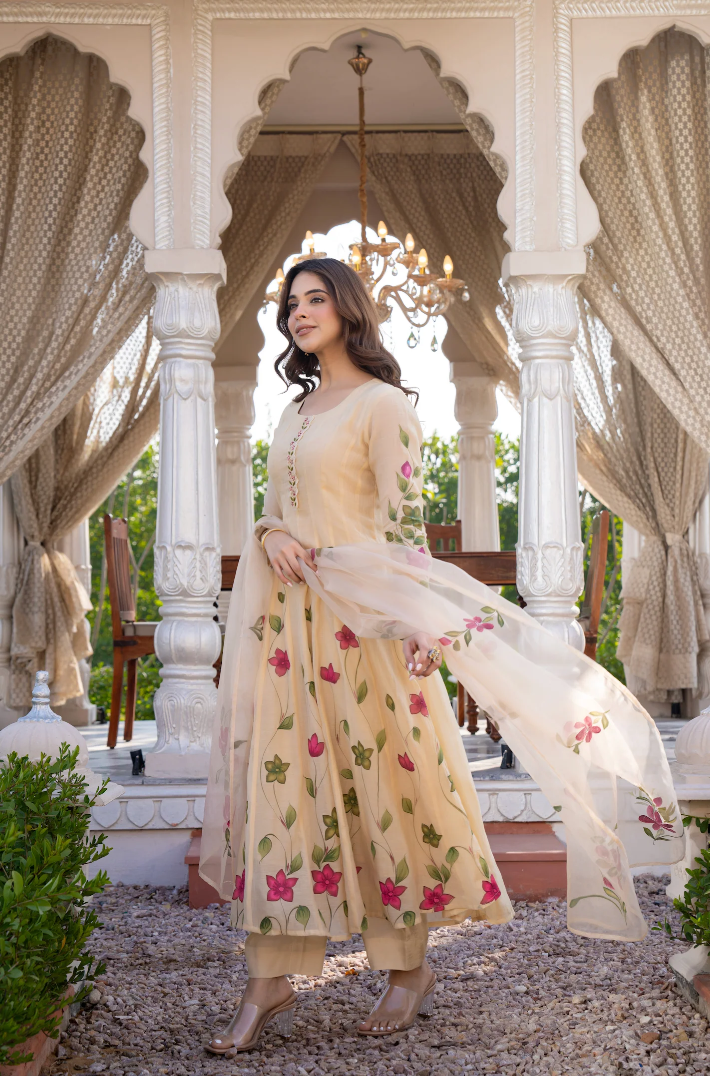 Beige Blossom Mul Chanderi Hand Burst Printed  Suit