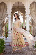 Beige Blossom Mul Chanderi Hand Burst Printed  Suit