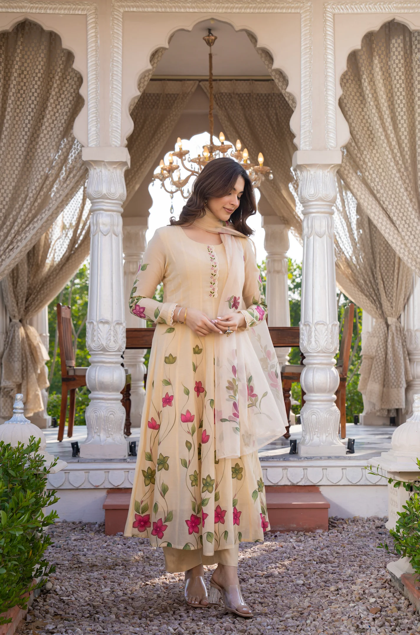 Beige Blossom Mul Chanderi Hand Burst Printed  Suit
