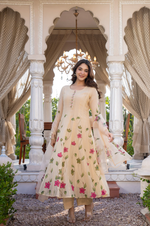 Beige Blossom Mul Chanderi Hand Burst Printed  Suit