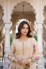 Beige Blossom Mul Chanderi Hand Burst Printed  Suit