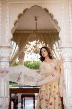 Beige Blossom Mul Chanderi Hand Burst Printed  Suit