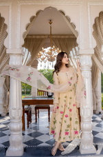 Beige Blossom Mul Chanderi Hand Burst Printed  Suit