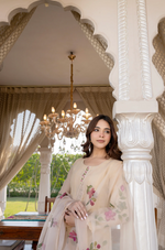 Beige Blossom Mul Chanderi Hand Burst Printed  Suit