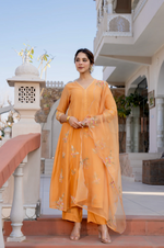 Coral Flame Mul Chanderi Embroidered Suit