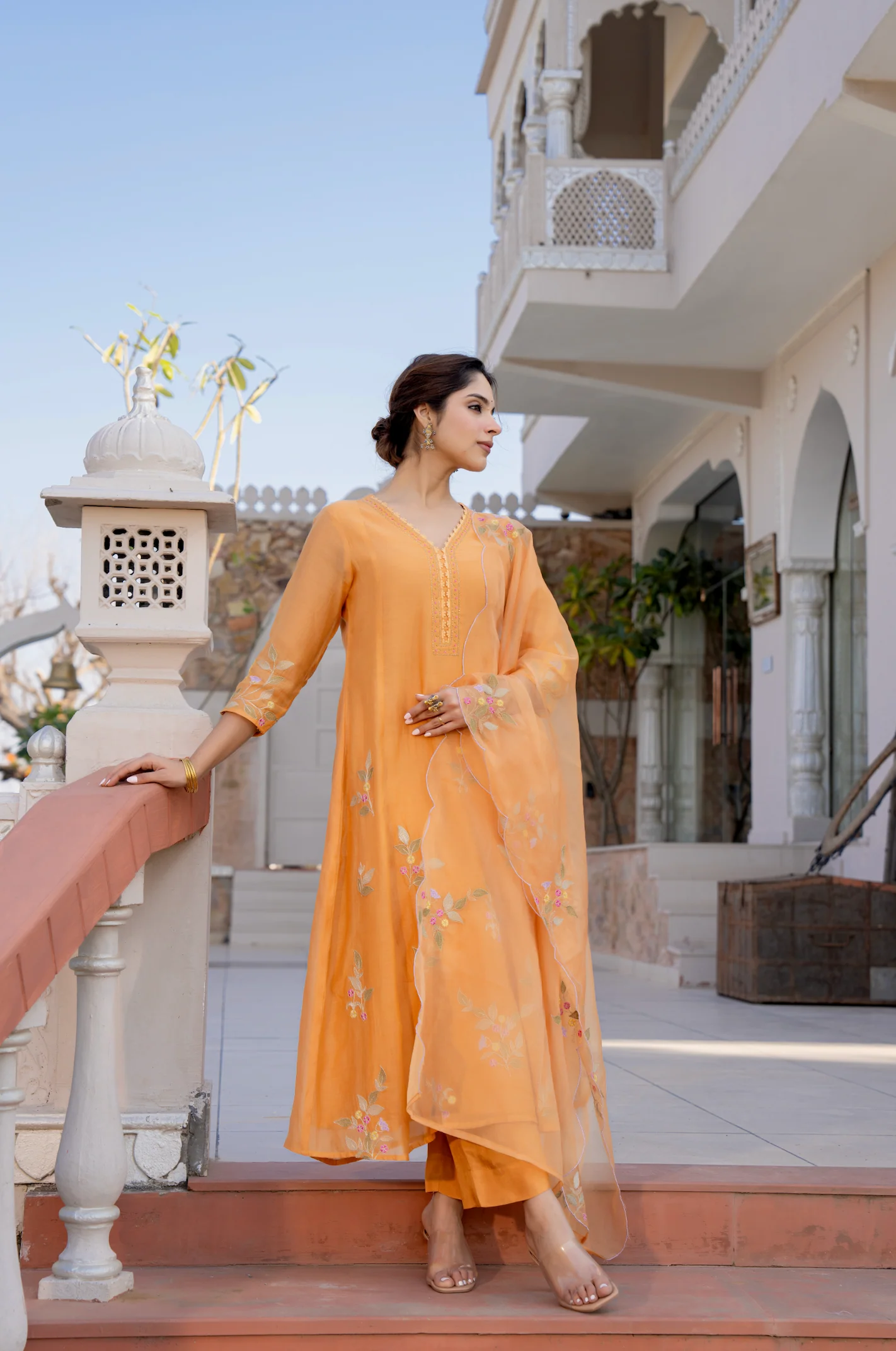 Coral Flame Mul Chanderi Embroidered Suit