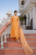Coral Flame Mul Chanderi Embroidered Suit