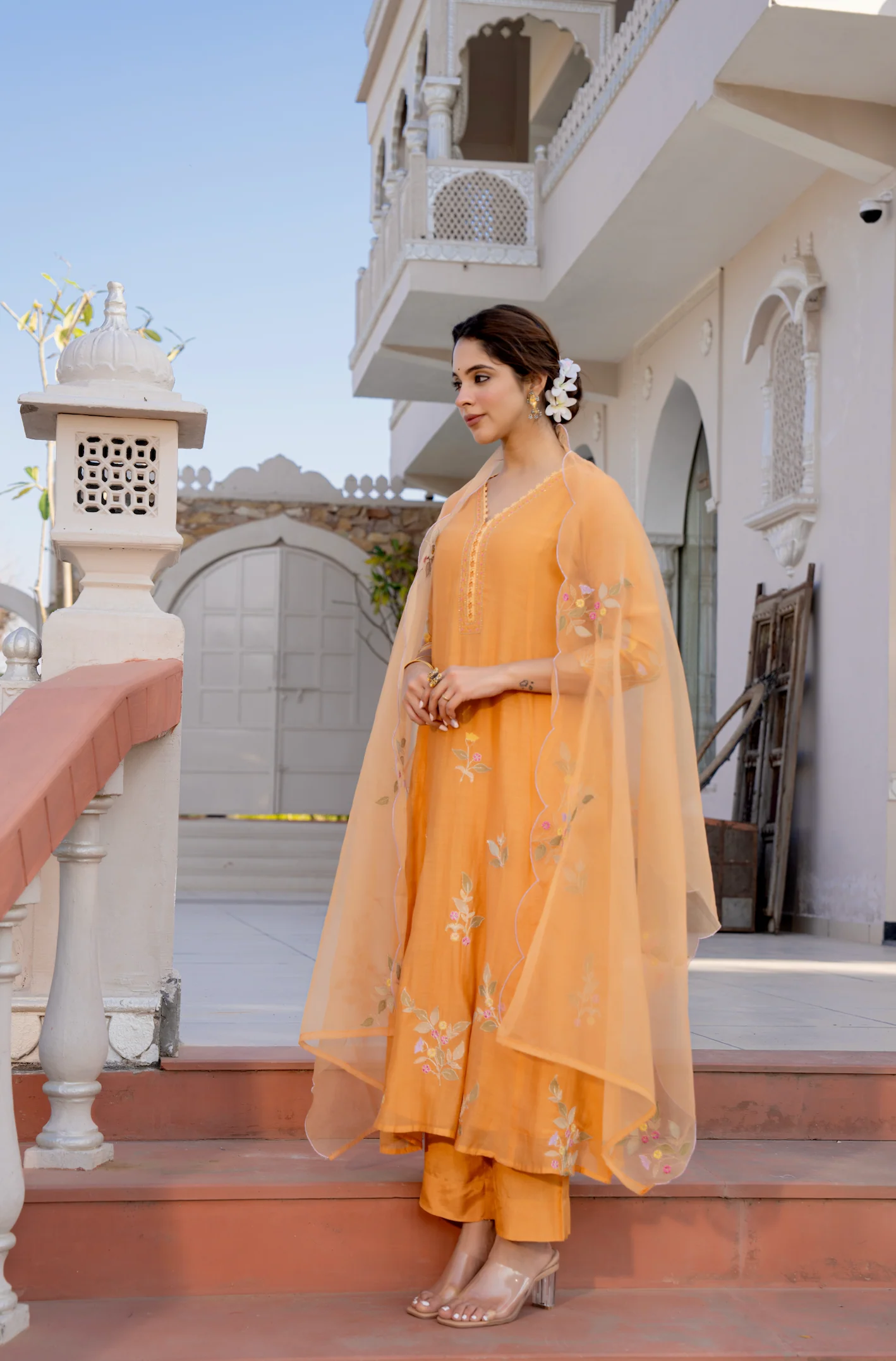 Coral Flame Mul Chanderi Embroidered Suit