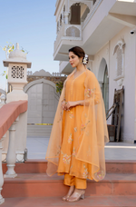 Coral Flame Mul Chanderi Embroidered Suit