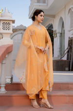 Coral Flame Mul Chanderi Embroidered Suit