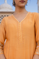 Coral Flame Mul Chanderi Embroidered Suit