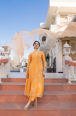 Coral Flame Mul Chanderi Embroidered Suit