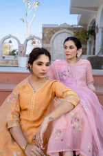 Coral Flame Mul Chanderi Embroidered Suit