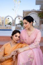 Coral Flame Mul Chanderi Embroidered Suit