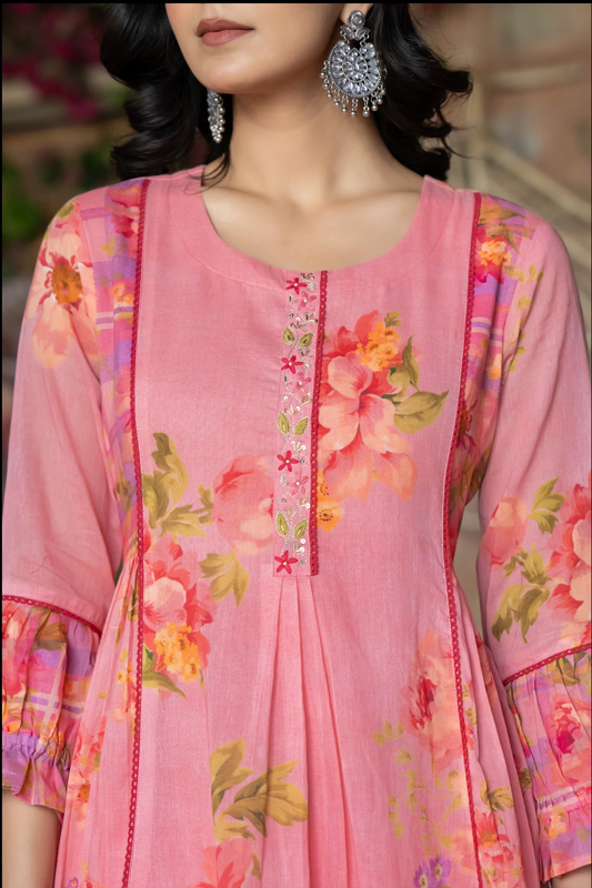Pink Floral Printed Mul Cotton Suit Set- Summer Special