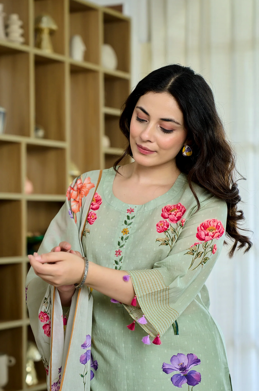 Cotton Mint Floral Kurti Suit Set