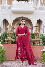 Crimson Mul Chanderi Thread Embroidered Anarkali Suit Set