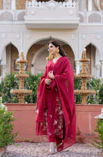Crimson Mul Chanderi Thread Embroidered Anarkali Suit Set