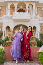 Crimson Mul Chanderi Thread Embroidered Anarkali Suit Set