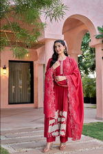 Red Mul Chanderi Embroidered Kurta Suit Set With Applique Work
