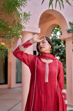 Red Mul Chanderi Embroidered Kurta Suit Set With Applique Work