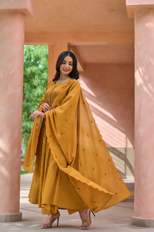 Mustard MulMul Embroidered Suit Set