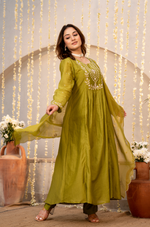 Olive Chanderi Embroidered Suit Set